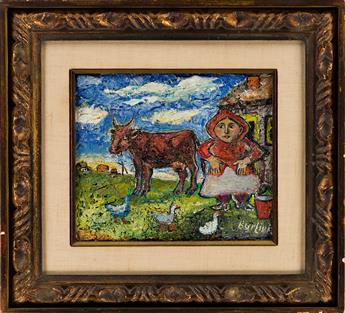 DAVID BURLIUK Farm Scene with a Woman and Cow.